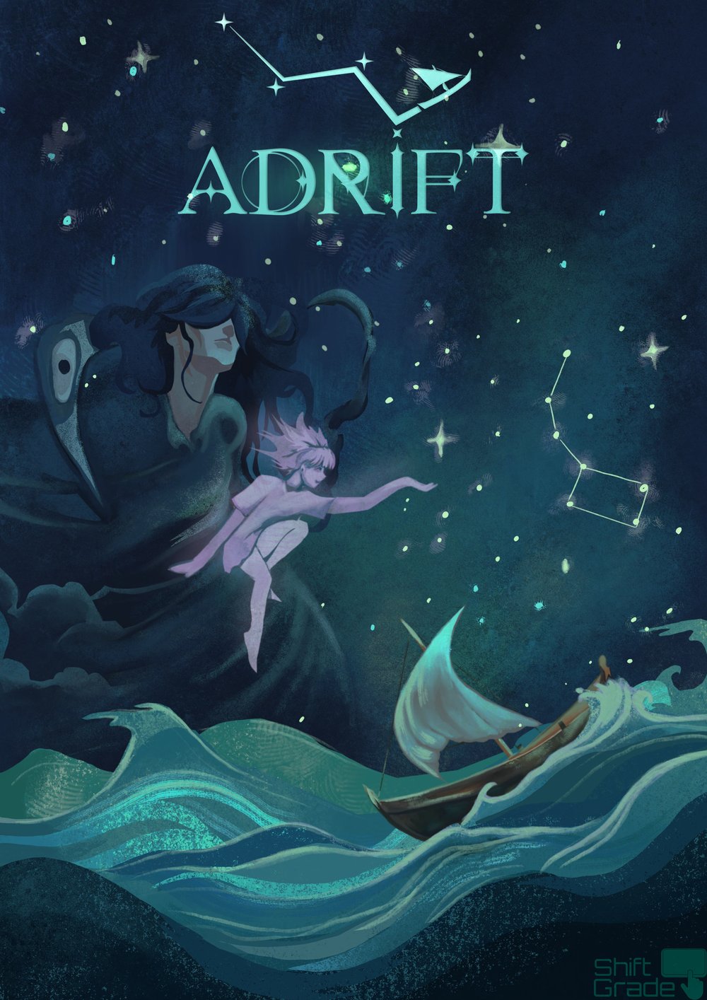 Officiële cover van Adrift: een zeilboot op woeste golven onder een sterrenbeeld